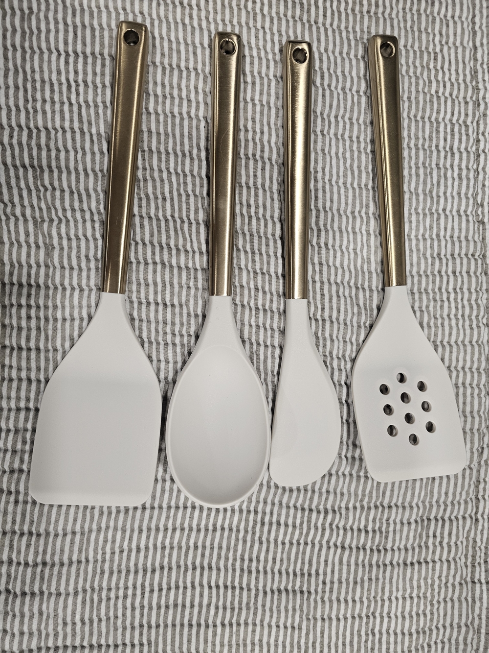 Figmint 4pc Silicone Utensil Set White/Gold Stainless Handles, Hanging Hole